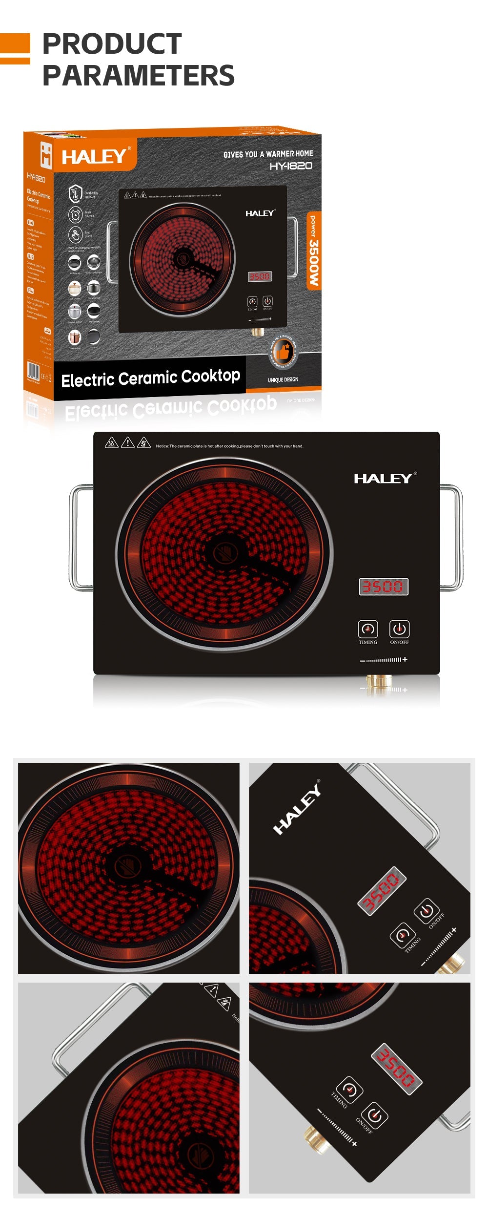 Plită cu Inducție HALEY 3500W, Geam Cristal Negru, Timer, Control Tactil, Oprire Automată, Protecție la Supraincălzire